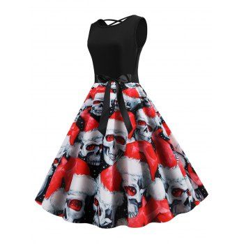 

Belted Lattice Skull Print Heart Halloween Dress, Red