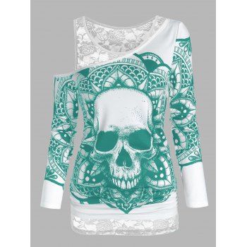 

Skull Graphic Sheer Lace Open Shoulder Two Piece T Shirt Sets, Medium turquoise