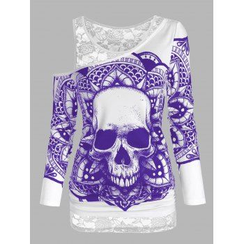 

Skull Graphic Sheer Lace Open Shoulder Two Piece T Shirt Sets, Purple iris