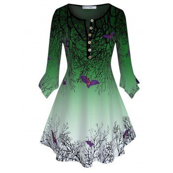 

Plus Size Halloween Tree Bat Print Flare Sleeve T-shirt, Dark turquoise
