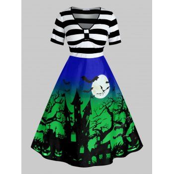 

Plus Size Vintage Halloween Printed Pin Up Dress, Dark turquoise