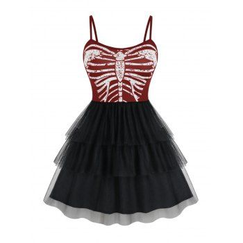 

Plus Size Halloween Skeleton Pattern Layered Tulle Dress, Red wine