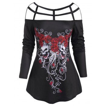 

Halloween Caged Cutout Floral Skull Print Tunic Top, Black