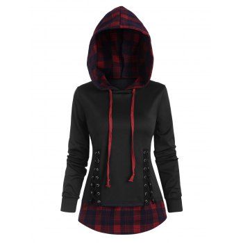 

Plaid Panel Lace-up Hoodie, Black