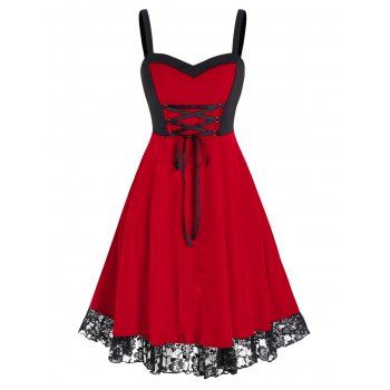 

Plus Size Velvet Lace-up Bicolor Two Tone Dress, Red