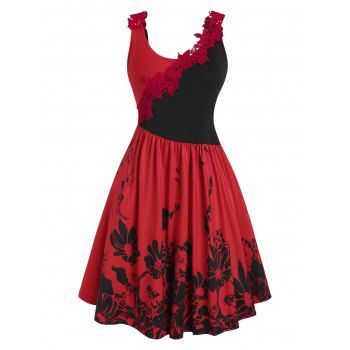 

Two Tone Crochet Lace Panel Floral Dress, Red