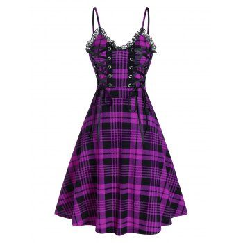

Plaid Lace Up Fit and Flare Dress, Purple iris