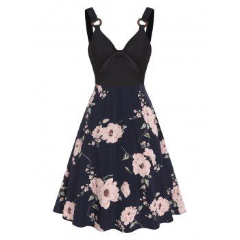 

O Ring Bowknot Floral Print Dress, Black