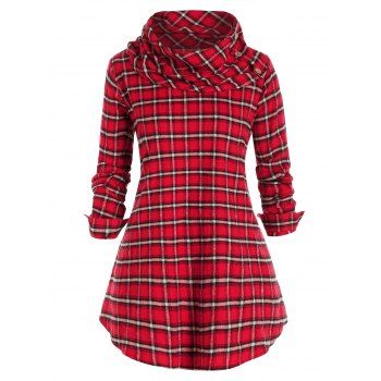 

Plus Size Cowl Neck Plaid Pullover Blouse, Red wine