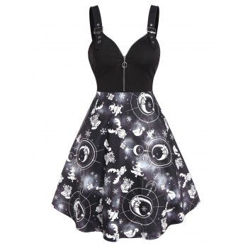 

Christmas Printed Eyelet Buckle Straps Dress, Black