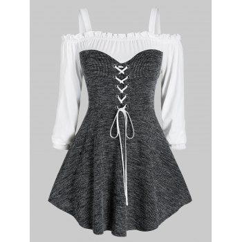 Image of Plus Size Lace-up Marled Open Shoulder Frilled Knitwear
