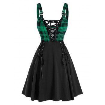 

Summer Sleeveless Lace-up Plaid Print Buckle Strap Dress, Black