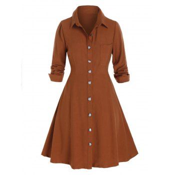 

Plus Size Button Up Chest Pocket Shirt Dress, Light brown