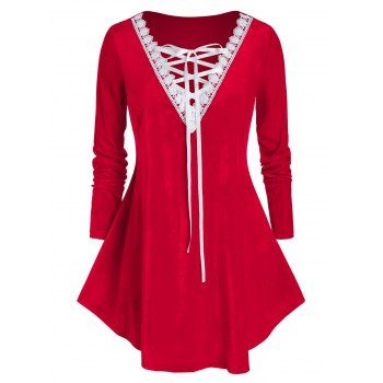 

Plus Size Bicolor Lace Up Embroidery Velour Top, Red