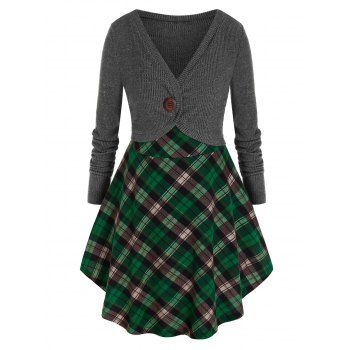 

Plus Size Plaid Contrast Mixed Media Long Sweater, Battleship gray