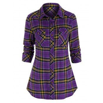 

Plaid Print Double Pockets Button Up Shirt, Dark orchid