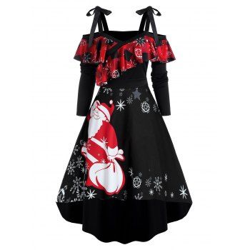 

Christmas Santa Claus Snowflake Print Cold Shoulder High Low Dress, Black