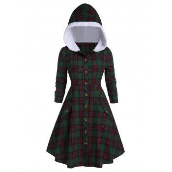 

Plus Size Hooded Faux Fur Plaid Coat, Sea turtle green