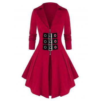 

Plus Size Buckles Zip Front Skirted Coat, Red wine
