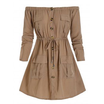 

Plus Size Off Shoulder Drawstring Cargo Shirt Dress, Camel brown