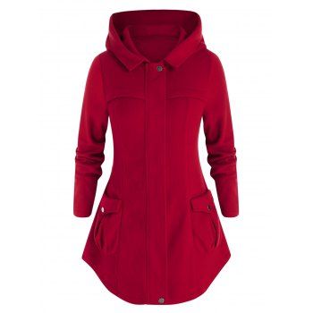 

Plus Size Hooded Pockets Woollen Coat, Firebrick