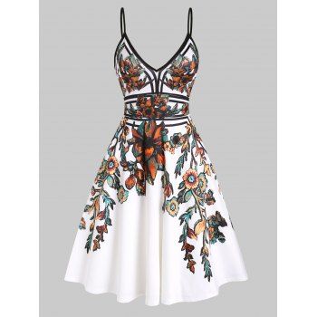 Robes Imprimées Robe Mini d'Eté et Soirée Évasée à Bretelles à Imprimé Feuille et Fleur en Ligne A de Vacances