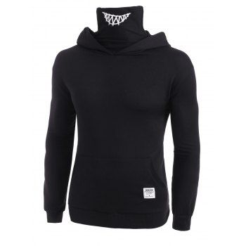 

Kangaroo Pocket Double Collar Letter Applique Hoodie, Black