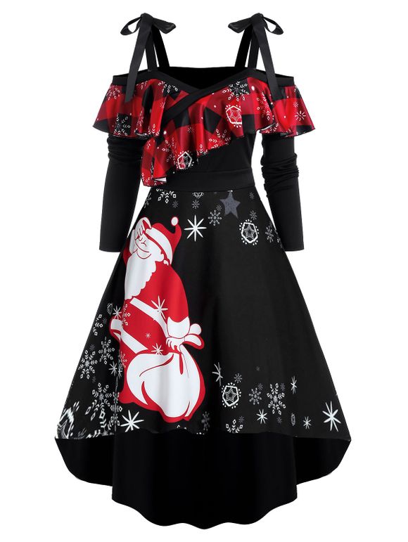Robe Haute Basse à Imprimé Père Noël et Flocon de Neige à Epaule Dénudée - Noir 3XL