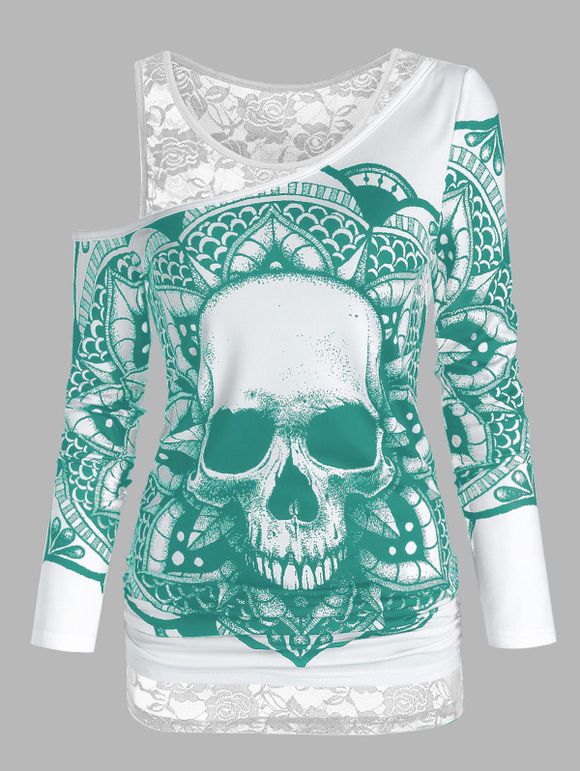 Ensembles de T-shirt Graphique Crâne en Dentelle Transparente Deux Pièces - Turquoise Moyenne L
