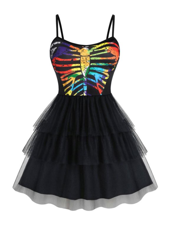 Robe d'Halloween Superposée Motif de Squelette en Tulle de Grande Taille - multicolor A 1X