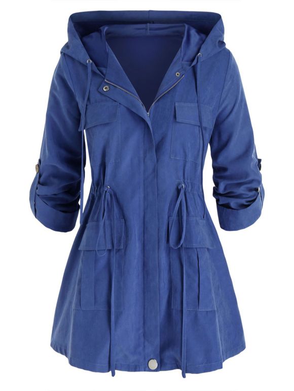 Manteau à Capuche Grande Taille Avec Poche et Cordon de Serrage Zippé - Ardoise bleue 3X