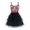 Robe d'Halloween Superposée Motif de Squelette en Tulle de Grande Taille - Rouge Vineux 5X
