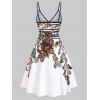 Summer Vacation Sundress Floral Leaf Printed Garden Party Dress Flare A Line Slip Mini Dress - WHITE M