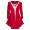 Plus Size Bicolor Lace Up Embroidery Velour Top - RED 4X