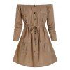 Robe Chemise Cargo à Epaule Dénudée Grande Taille à Cordon - Marron Camel 5X