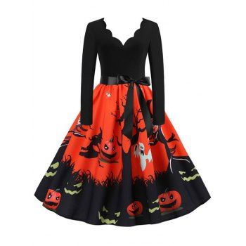 

Long Sleeve Scalloped Collar Pumpkin Halloween Dress, Dark orange