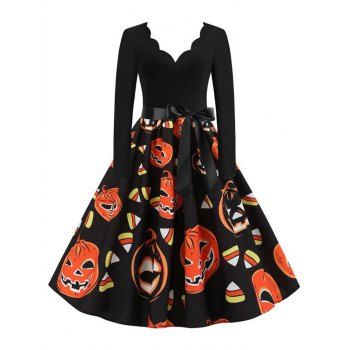 

Long Sleeve Scalloped Collar Pumpkin Halloween Dress, Yellow