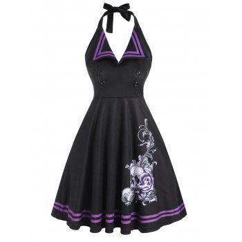 

Halloween Halter Skull Floral Vintage Dress, Black