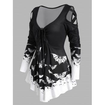 

Halloween Bat Print Cold Shoulder Cinched Crisscross T-shirt, Black