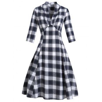 

Glen Check Pleated V Neck Dress, Deep blue