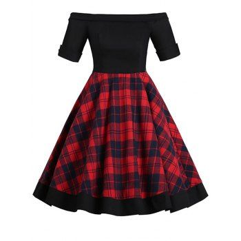 

Off Shoulder Foldover Tartan Mini Dress, Red