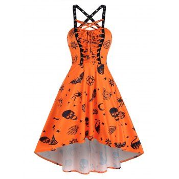 

Skull Animal Print Cross Back Cami Dip Hem Dress, Halloween orange