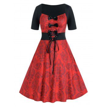 

Plus Size Bowknot Lace-up Damask Print Retro Dress, Valentine red