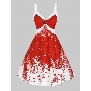 

Christmas Plus Size O Ring Elk Print Dress, Red