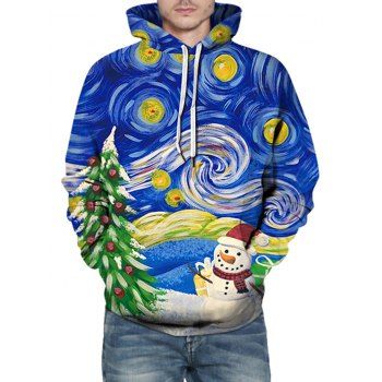 

Christmas Tree Snowman Galaxy Print Kangaroo Pocket Hoodie, Blue
