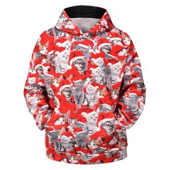 

Christmas Cats Print Kangaroo Pocket Hoodie, Red