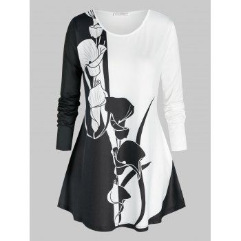 

Plus Size Floral Print Two Tone T Shirt, Black