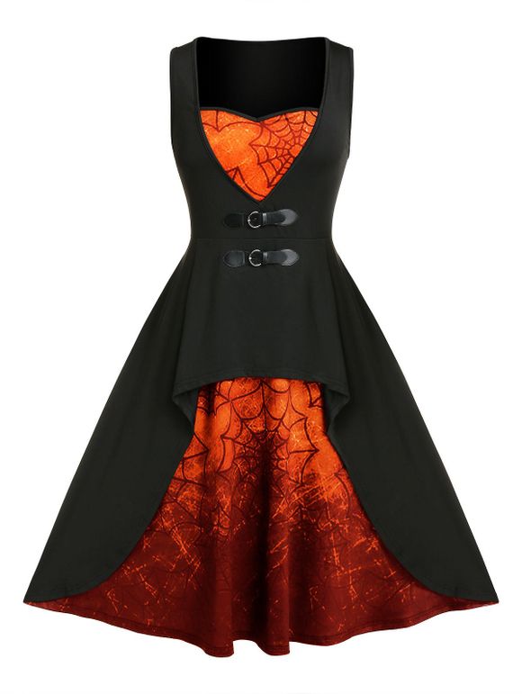 Robe Bouclée à Imprimé Toile d'Araignée de Grande Taille - Orange Citrouille L
