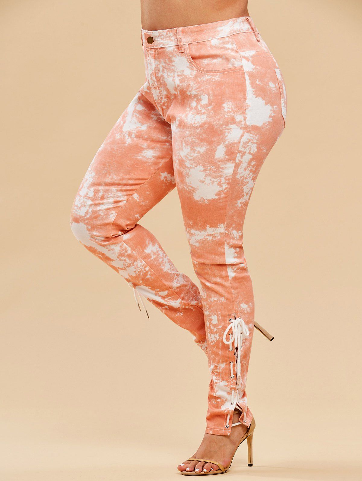 Jean Tie-Dye à Lacets Grande Taille avec Poche - orange clair 3X