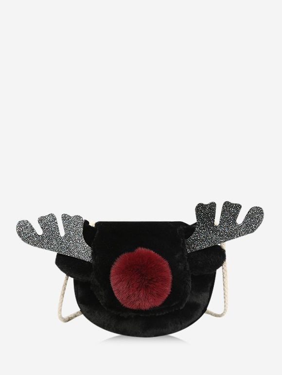 Sac à Bandoulière en Fausse Fourrure Motif Élan Brillant pour Noël - Noir 